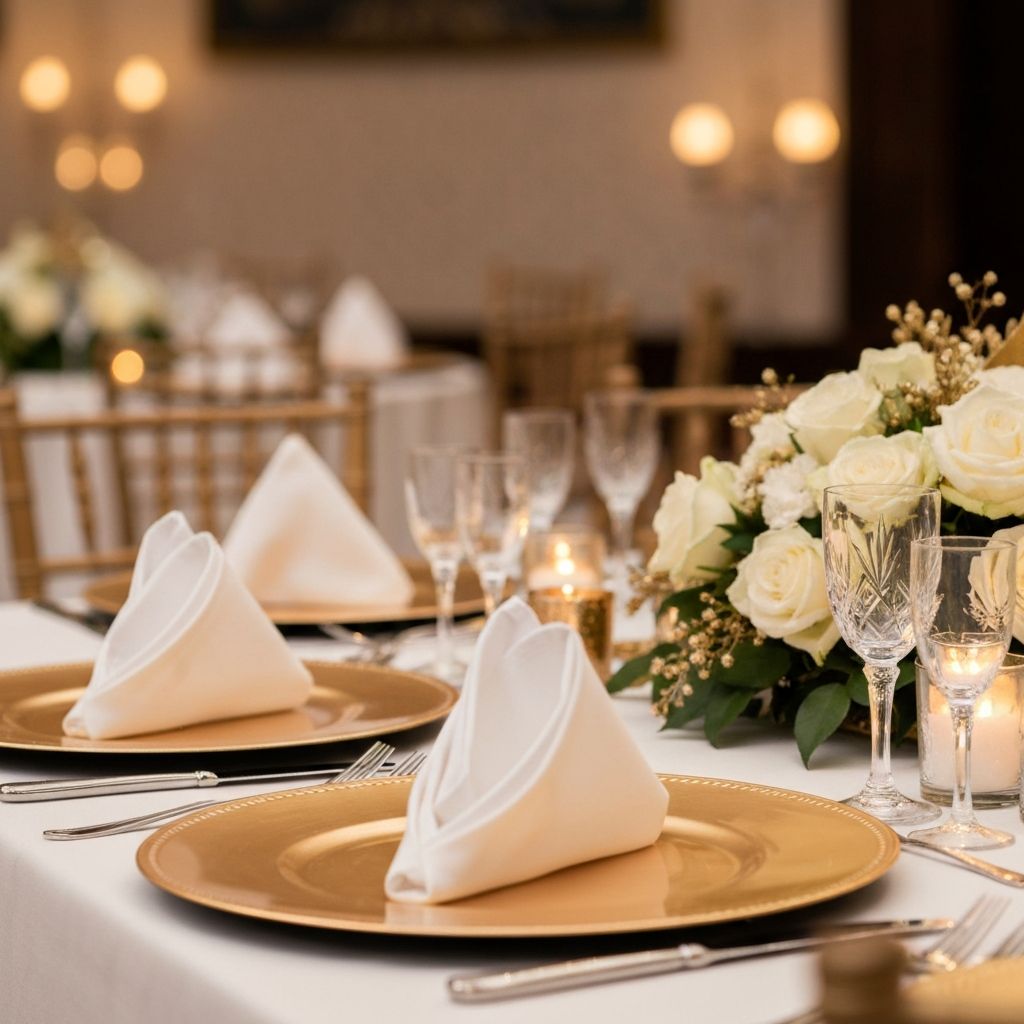 Mesa ambientada con cristaleria fina y decoracion dorada